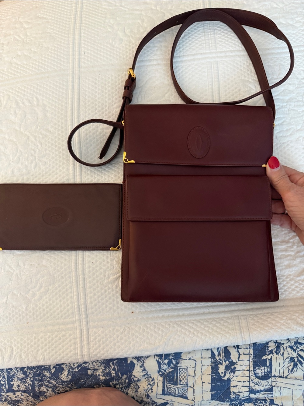 Cartier Classic Burgundy Leather Crossbody Bag with Gold Corner Accents + wallet